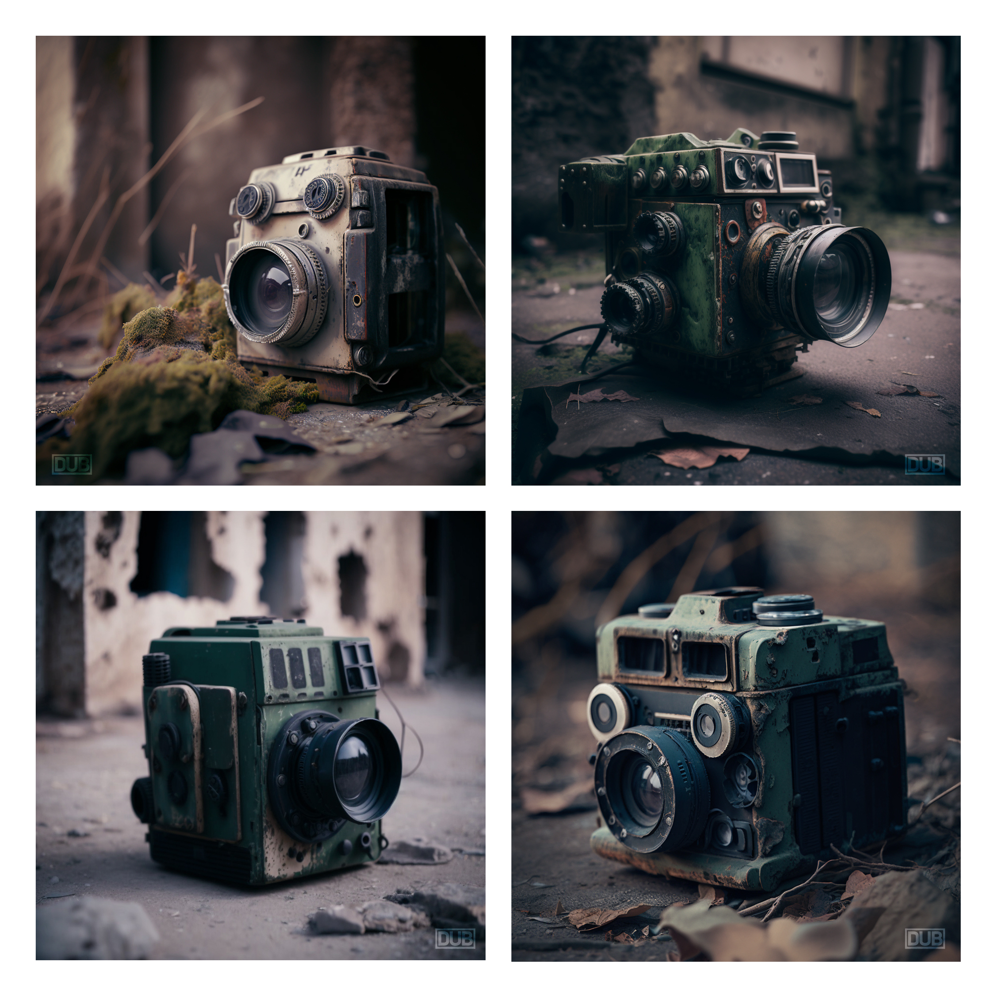 AI generated images of various medium format film cameras in a dystopian setting.