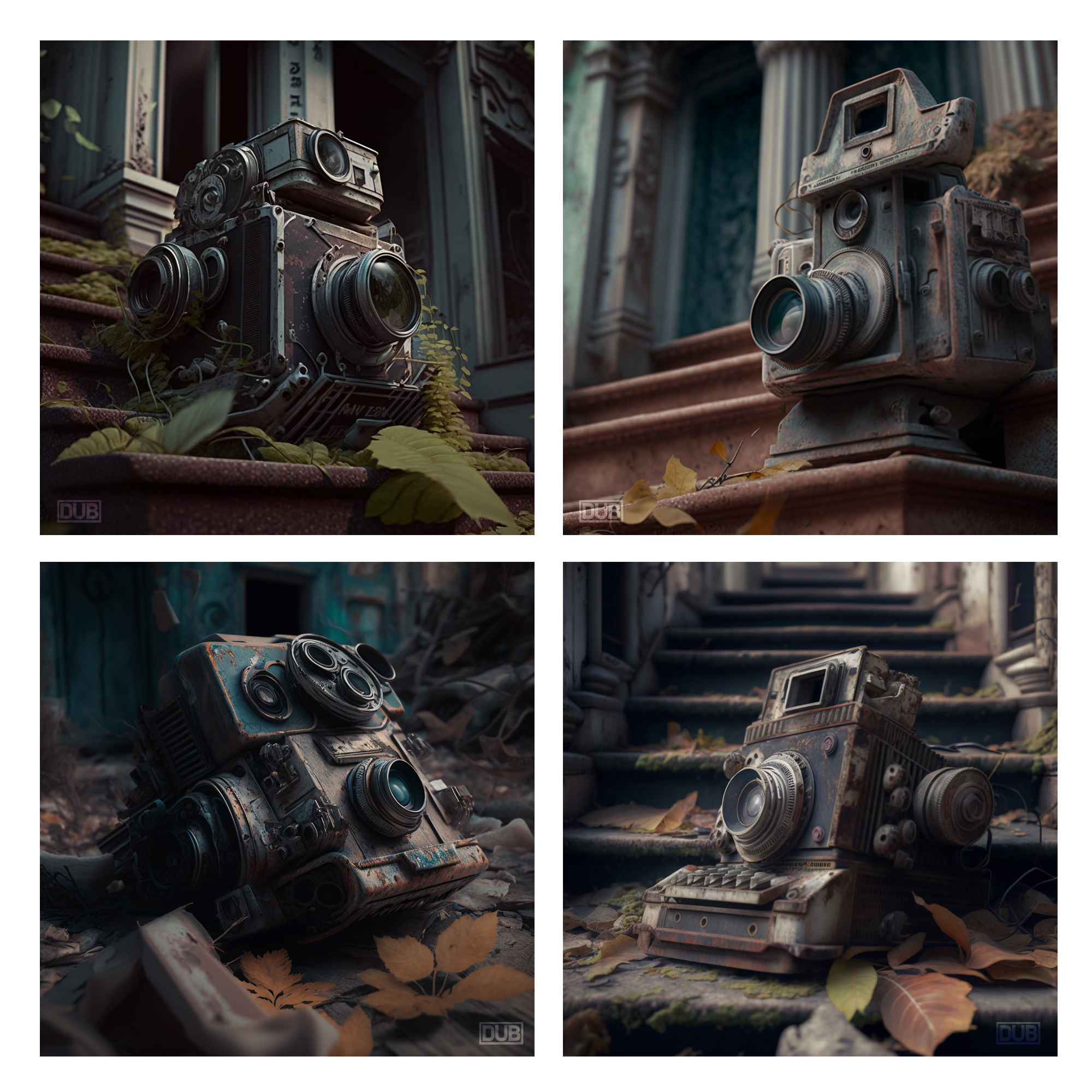 AI generated images of medium format film cameras in front of abandoned houses.