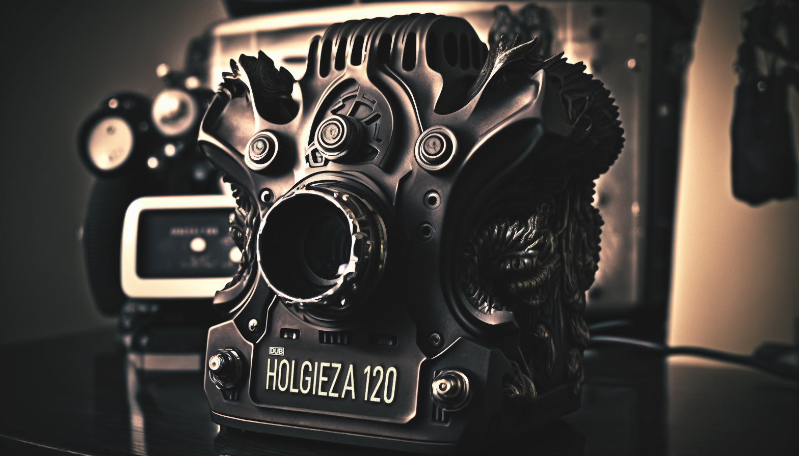 AI generated image of a Holga-like camera with gold plating and H.R. Giger theme.