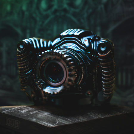 H.R. Giger themed Nikon 35mm film camera generated by AI and edited in Photoshop.